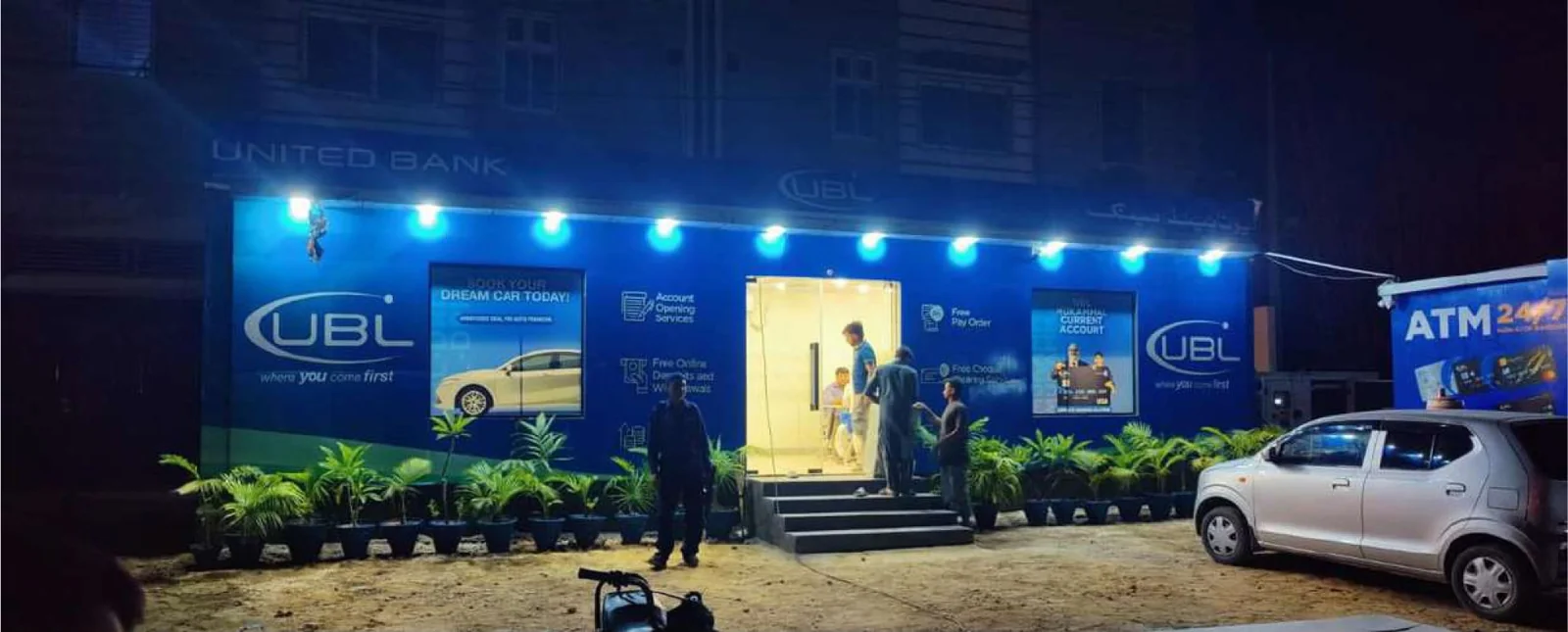 Exterior of a portable commercial facility at night